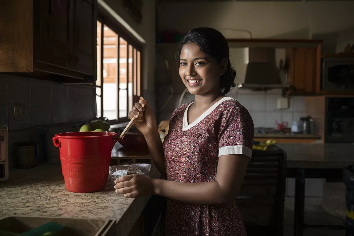 Sri Lankan female foreign domestic helper working at home